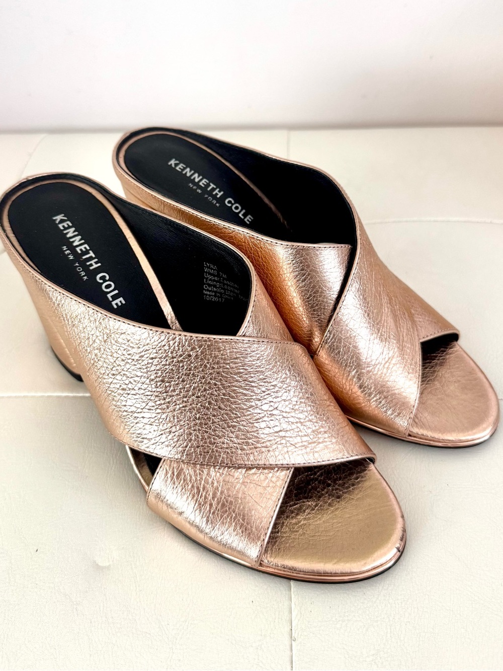 Kenneth Cole Rose Gold Metallic Leather Crossover Slide Mules